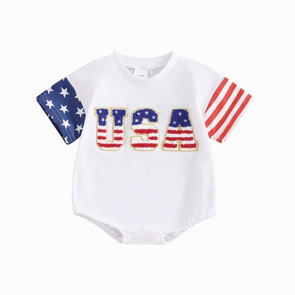 dmqupv Baby Fourth of July Outfit Boy Newborn Baby Boy 4th of July Clothes Flag Embroidery Jumpsuit Short Sleeve Romper White,12-18 Months