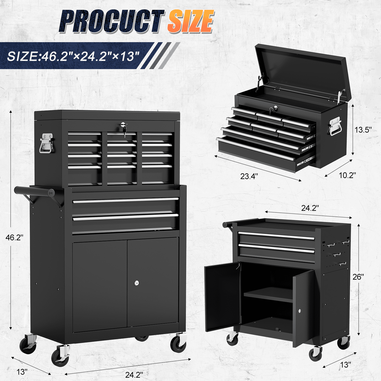 ZBOM 24.2 inch 10-Drawer Rolling Tool Chest, Sliding Metal Drawer Rolling Tool Storage Cabinet, Removable Toolbox Organizer for Workshop, Garage