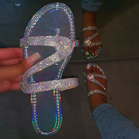 

FZM Women shoes Fashion Women s Rhinestone Slip-On Flat Beach Open Toe Breathable Sandals Shoes