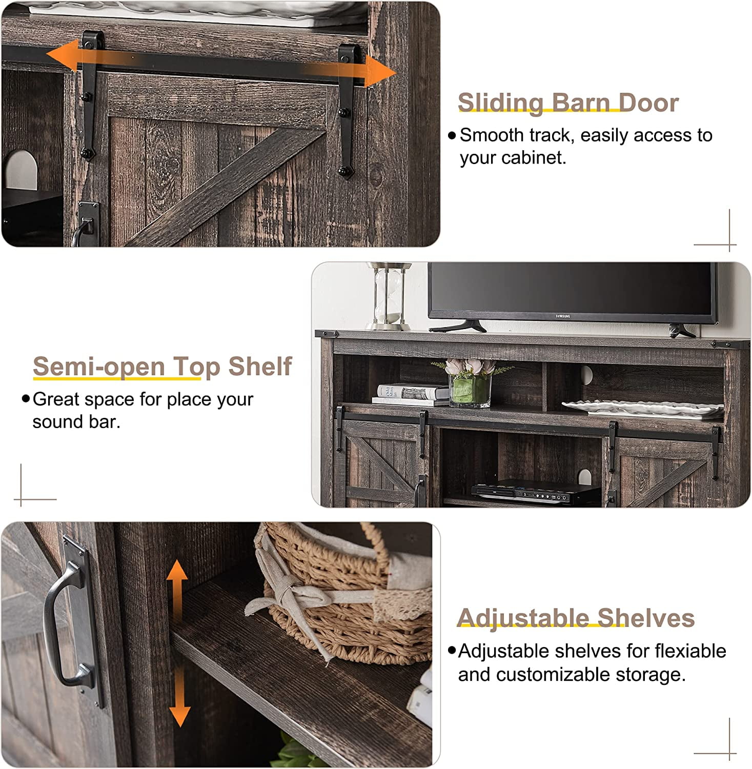OKD Farmhouse TV Stand for TVs up to 70", Rustic Console Entertainment Center Television Table with Adjustable Shelf for liveing Room, Dark Rustic Oak