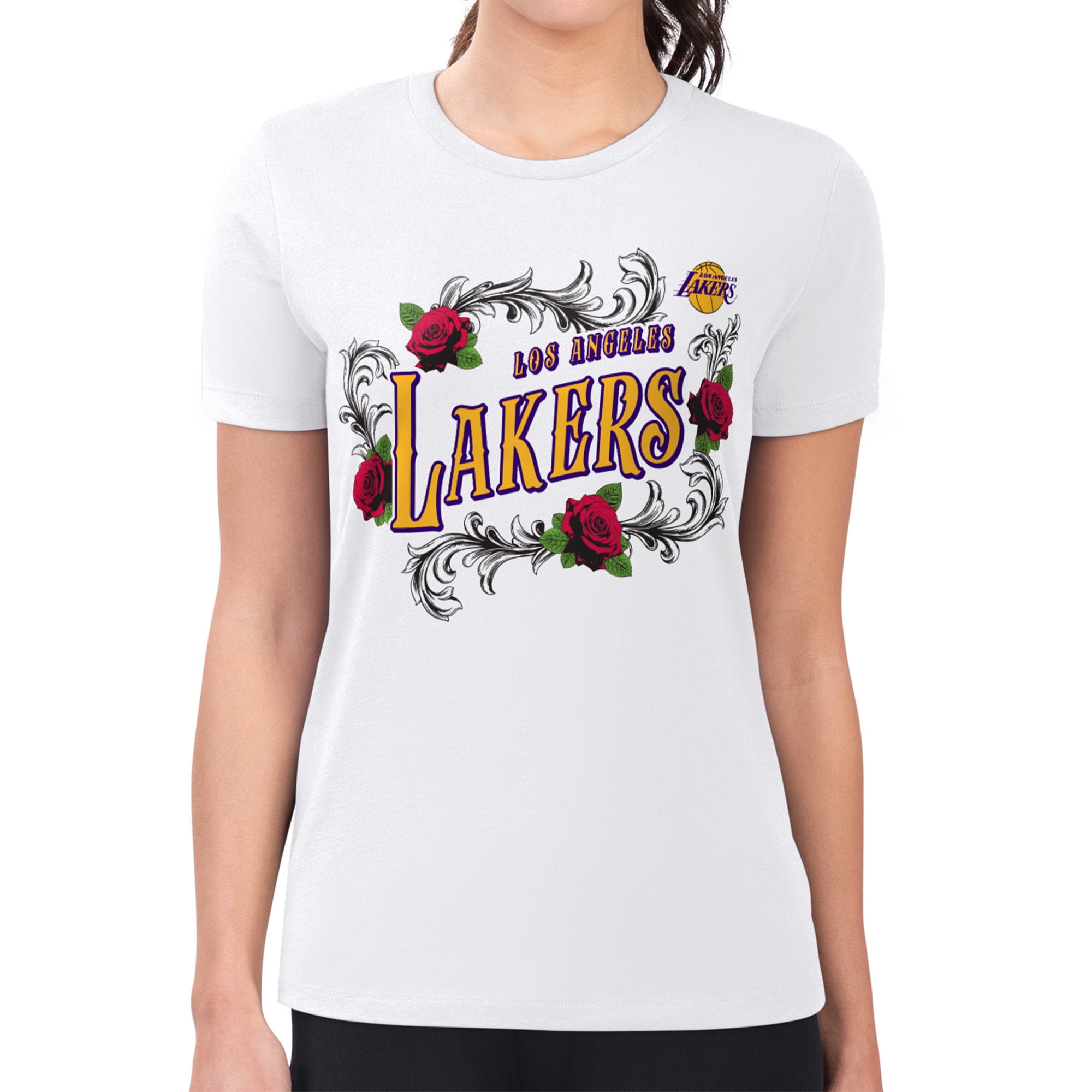 Women's G-III 4Her by Carl Banks White Los Angeles Lakers Super-Slim Fit Lightweight Roses Crew Neck T-Shirt