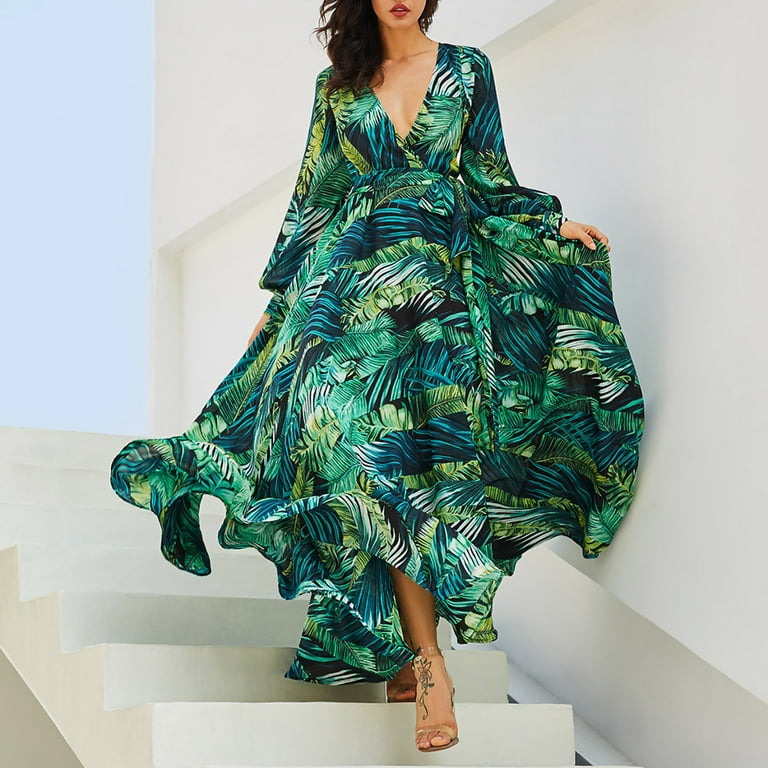 FAVIPT Hawaiian Dresses for Women 2023 Casual Green Leaf Printed
