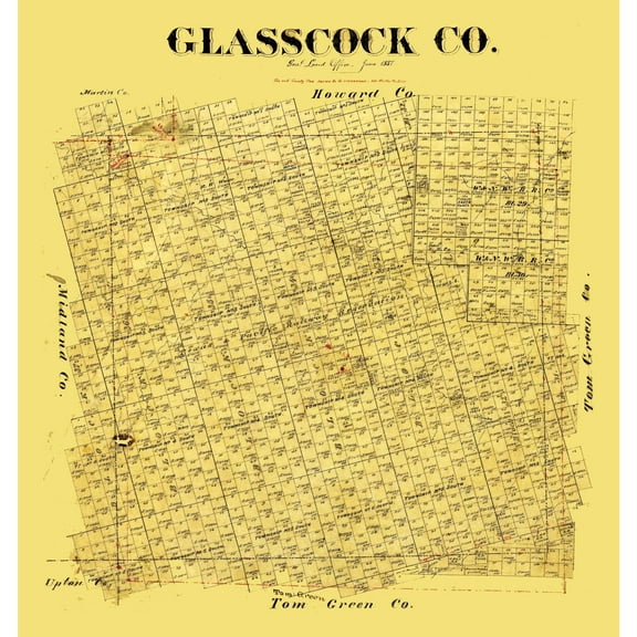 Historic County Map- Glasscock County Texas - General Land Office 1887 - Vintage Wall Art