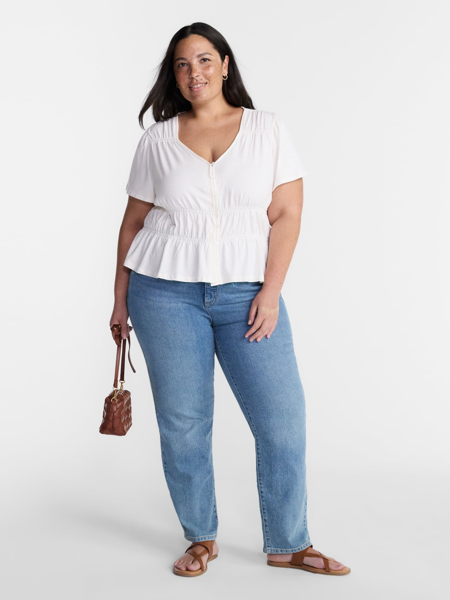 Terra & Sky Women’s Plus Femme V Neck Smocked Top with Short Flutter Sleeves, Sizes 0X-5X