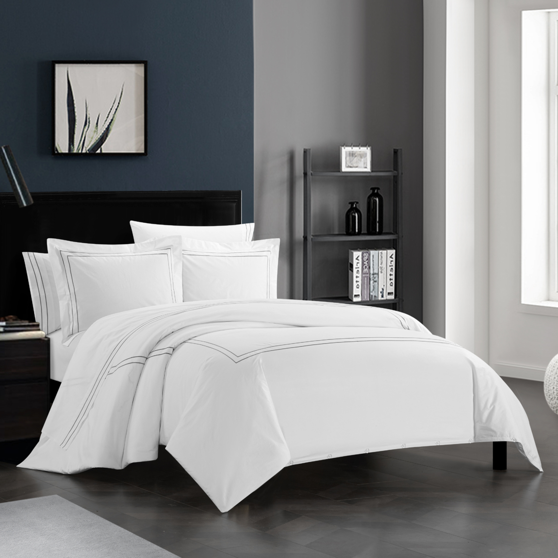 Alfrey 3 Piece Organic Cotton Duvet Cover Set Solid White With Dual Stripe Embroidered Border Hotel Collection Bedding