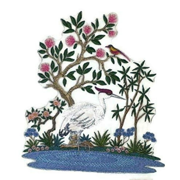 Birds Kingdom [Crane in Pond] Embroidered Iron on/Sew Patch [7.5" X 6"]