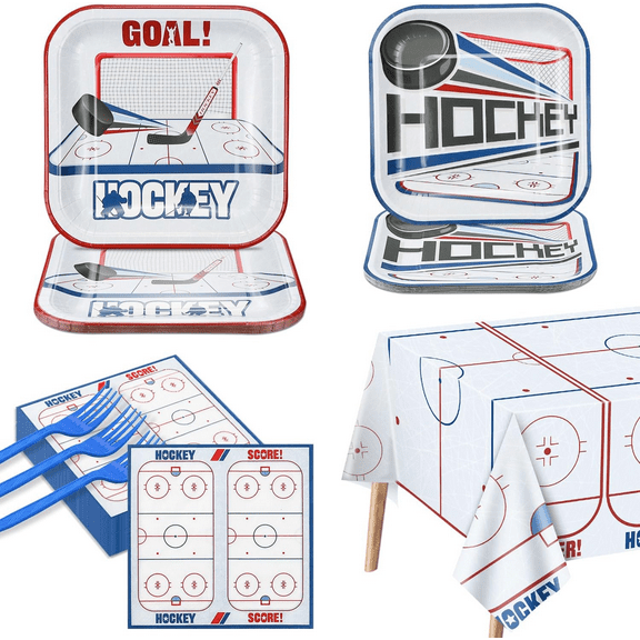 Hockey Birthday Decorations - 81Pcs Tableware Pack, Disposable Hockey Theme Plates, Napkins, Tablecloth for Kids Fans Sports Birthday Party Supplies, Serve 20