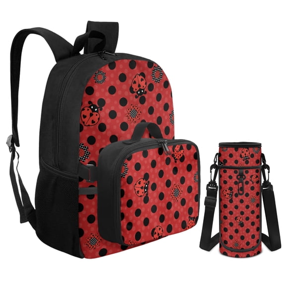 Chririnla Ladybug Polka Dot Backpack and Lunch Box for Girls Boys Elementary School Bags and Bottle Holder for Kindergarten Primary School Bookbag Set of 3