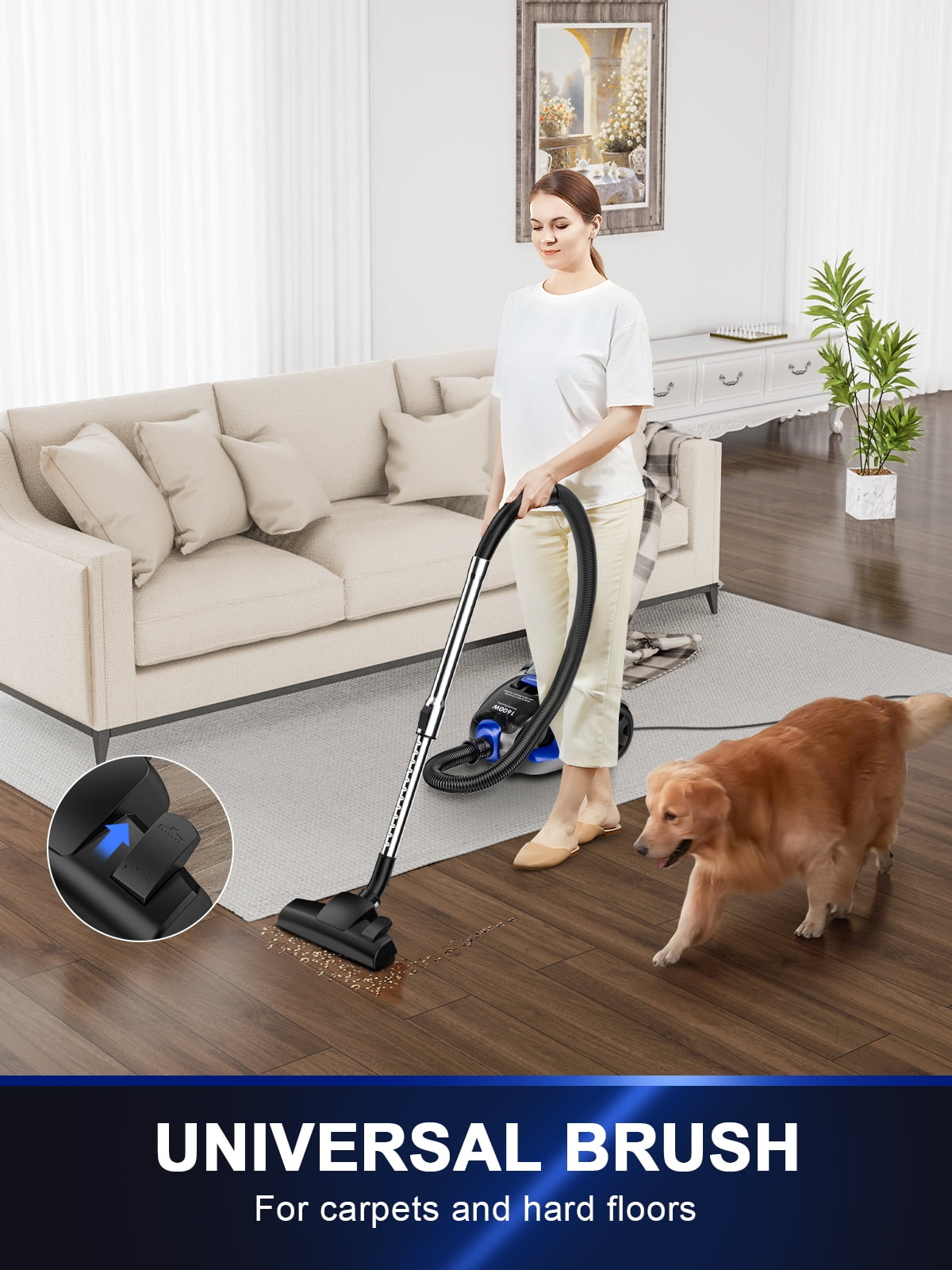 Canister Vacuum Cleaner, 32Kpa 1600W Bagless Vacuum Cleaner, Dust Full Indicator, H13 HEPA Filter, 3.7Qt Large Capacity, Lightweight Vac for Hard Floors, Carpet, Pet, Upholstery, Blue