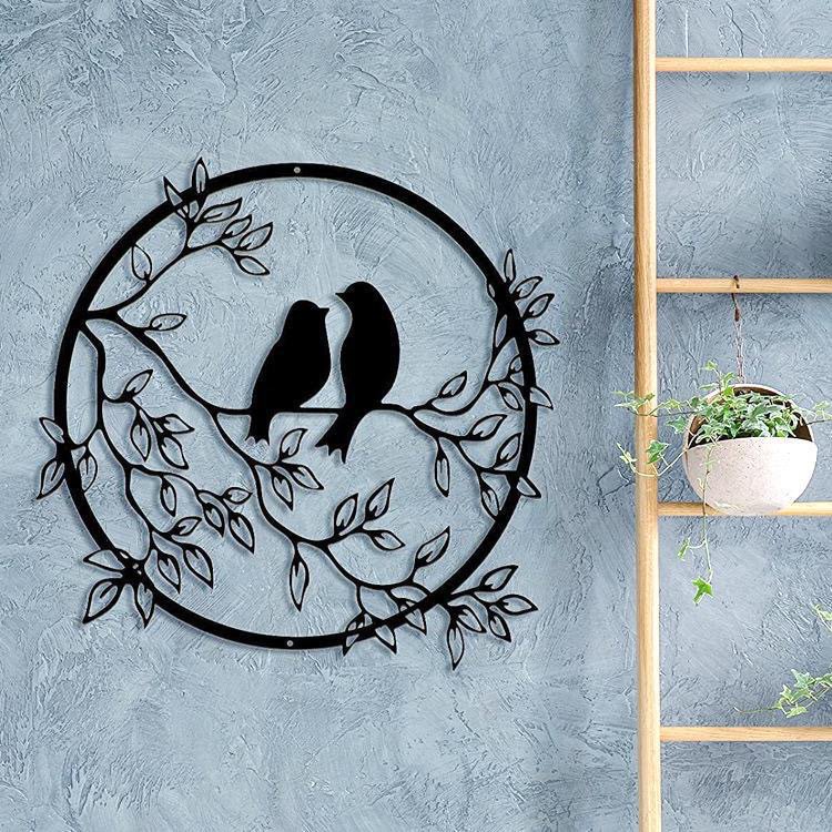 Lot De 4 Décorations Murales Métal Oiseaux Sur Branche - Sculpture Murale Intérieur Extérieur Jardin
