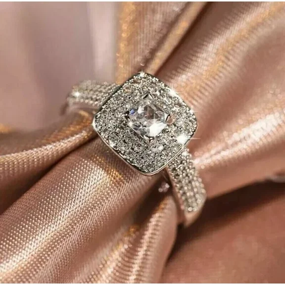 White Moissanite Cushion Cut 3 Ct Halo Engagement Ring 14K White Gold Plated