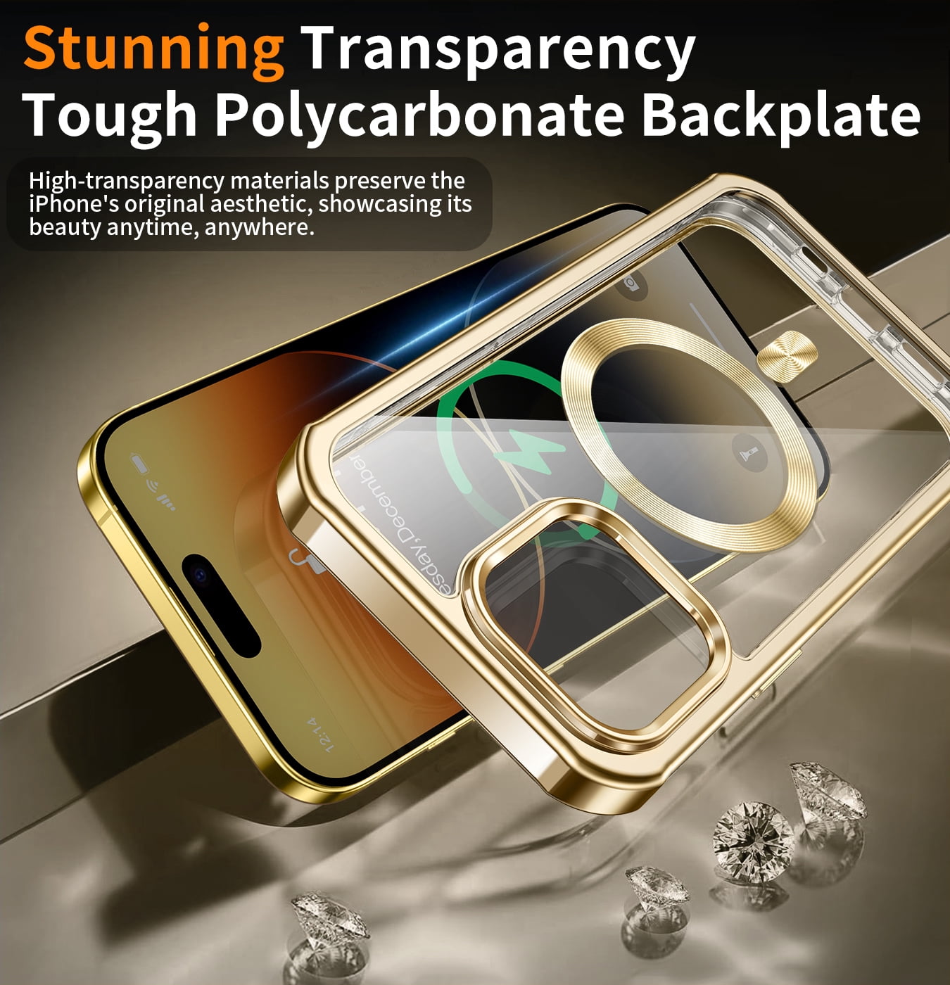 JETeacka iPhone 14 Pro Case(6.1") MagSafe Compatible Full Body Rugged Built-in Touch Sensitive Screen Protector Anti-Scratch Clear Case, Luxury Gold