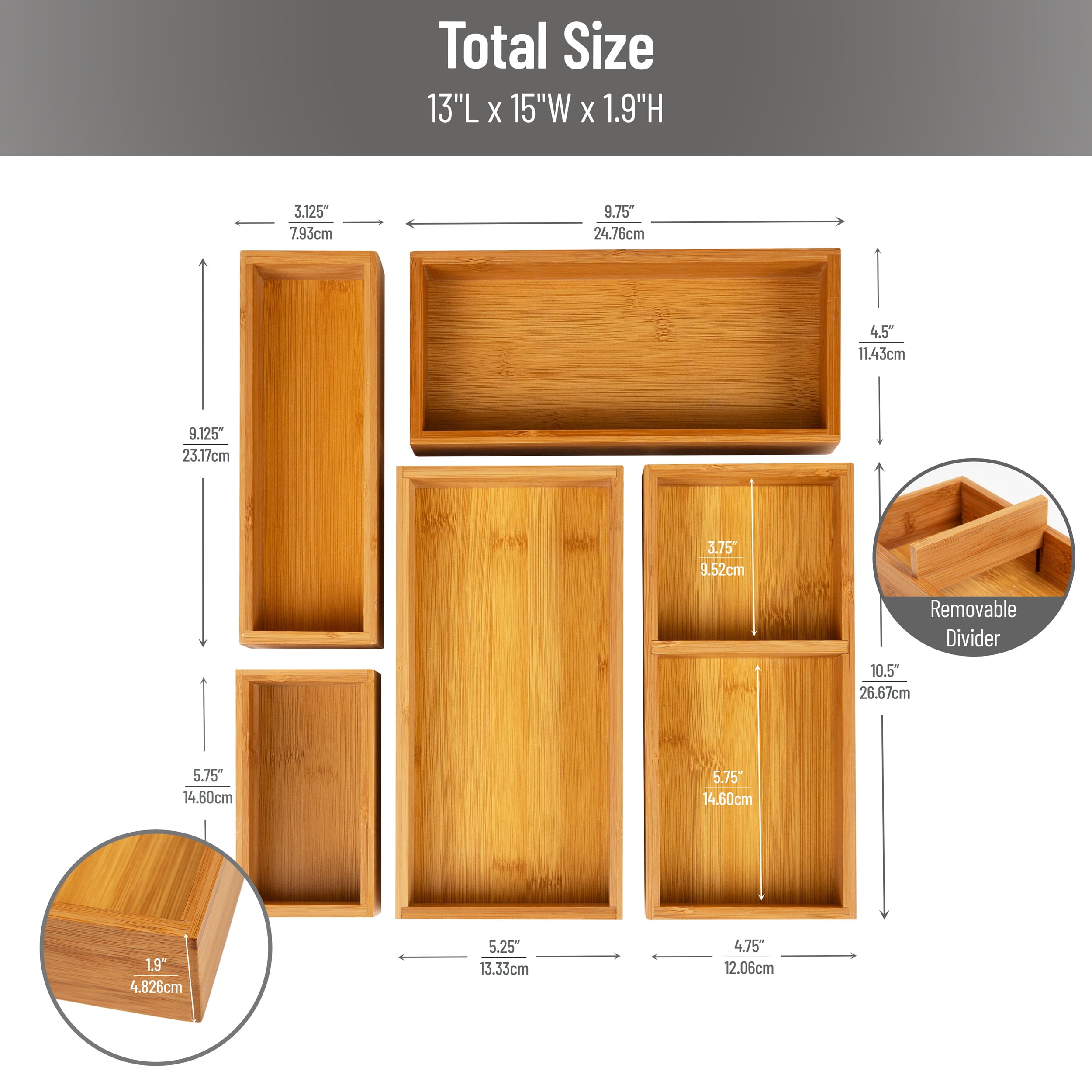 Mind Reader 5-Piece Bamboo Drawer Organizer Set, Stackable Storage Trays for Kitchen, Bathroom, Office, Rayon from Bamboo, Brown