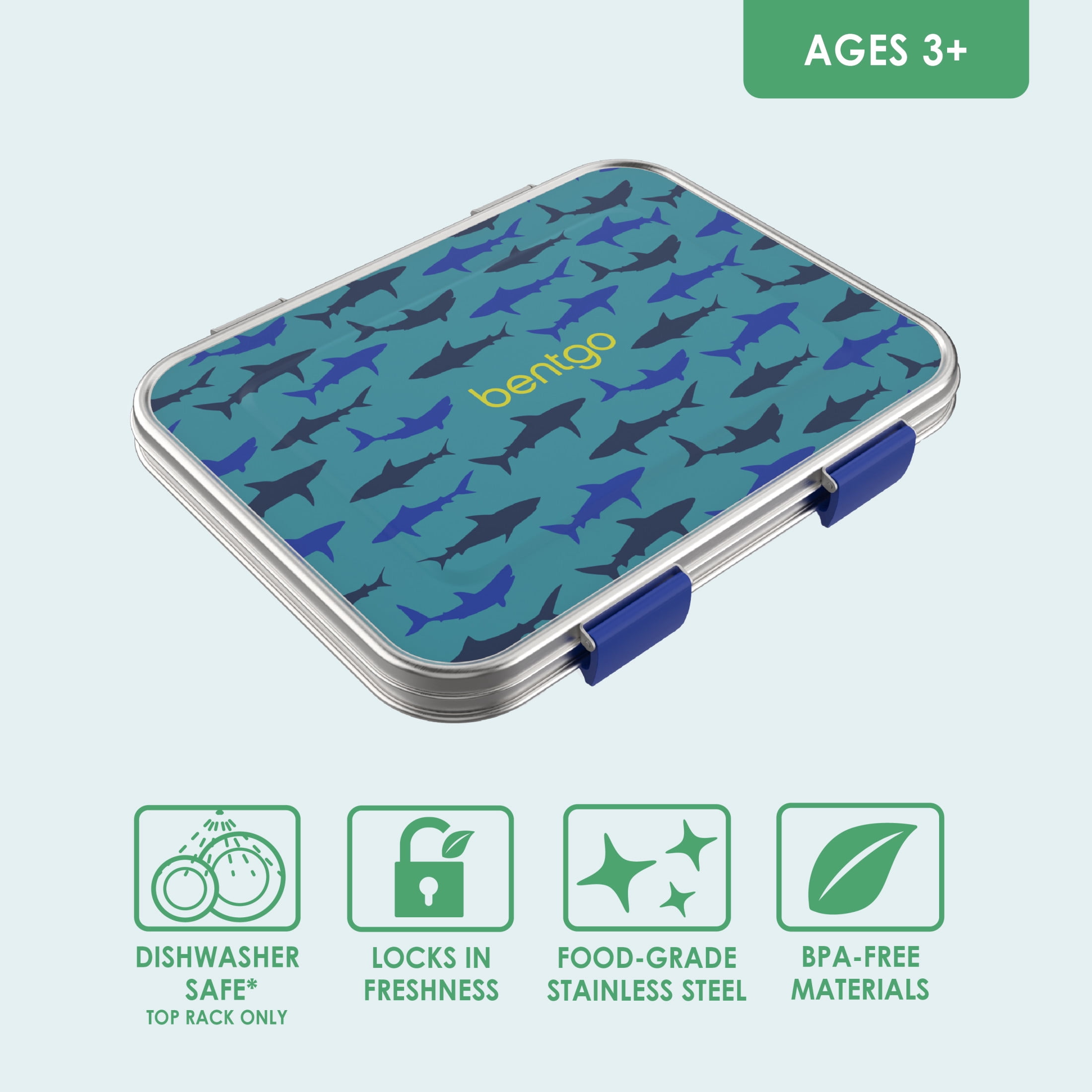 Bentgo Kids Stainless Steel Prints Leak-Resistant Lunch Box - 3-Compartments with Bonus Silicone Container, Durable, Eco-Friendly, Dishwasher Safe, BPA-Free, Ideal for School, Ages 3+ (Shark)