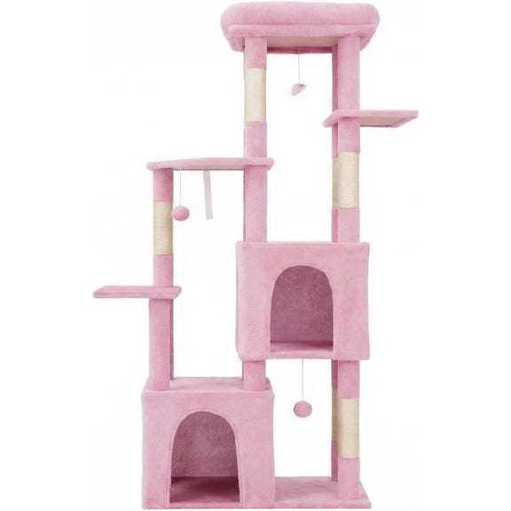 QinaQin Heavy Duty Cat Tree for Large Indoor Cats,Warm Multi-Level Cat Tower with Extra Large Perch, 2 Spacious Condos, Natural Sisal Scratching Posts & Interactive Toys,Pink