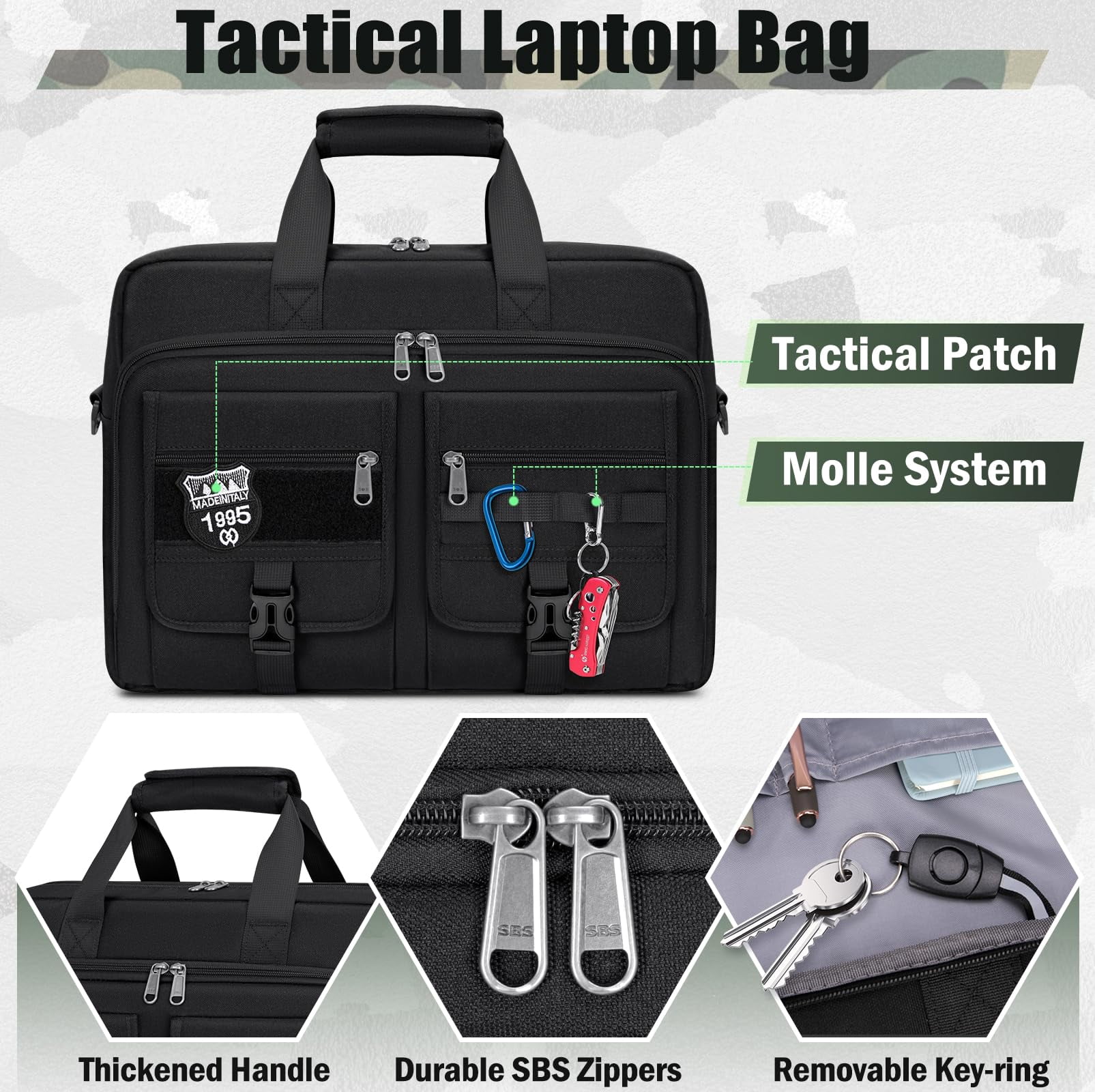 RAINSMORE 15.6 Inch Laptop Bag for Men Messenger Bag Business Laptop Briefcase with MOLLE System Large Travel,Black