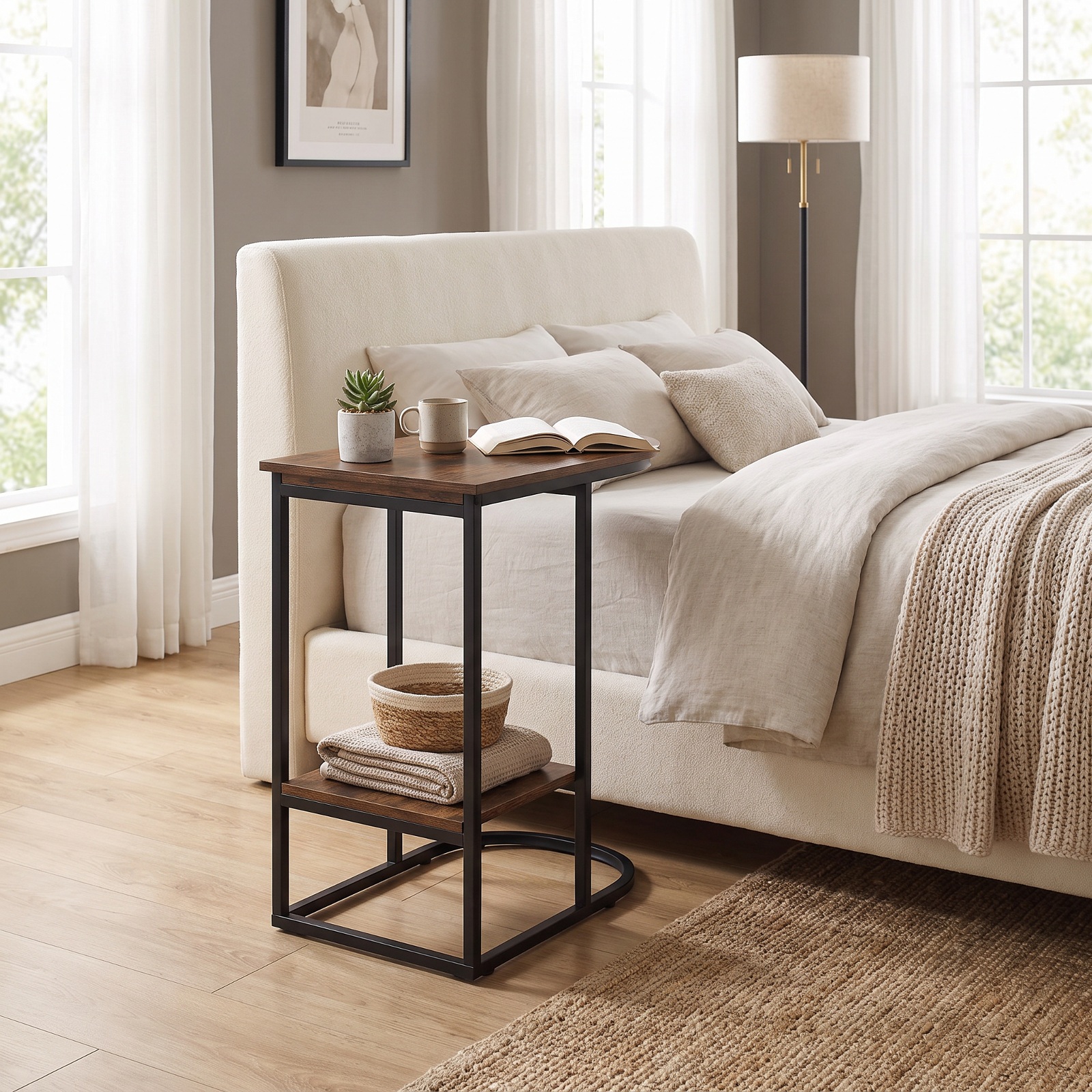 Furnibear C Shaped Modern Sofa Side Table with wood-grain finish Tabletop and Two Tier Storage Shelf for Living Room Bedroom and Lounge, Rustic Brown