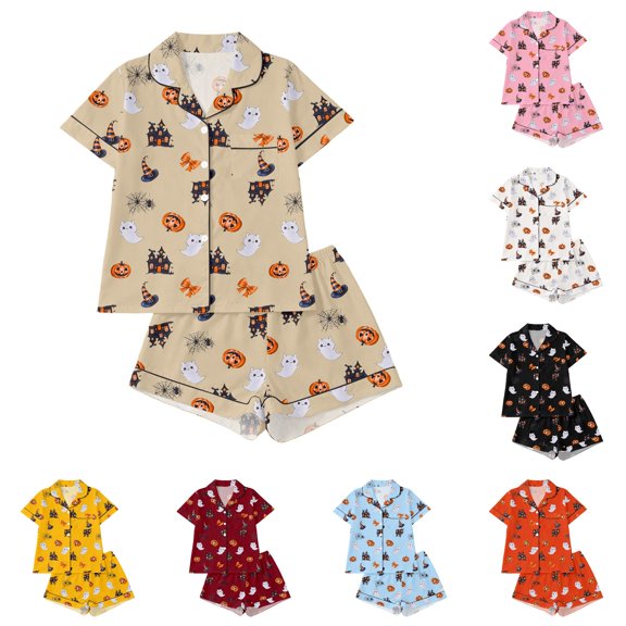 HAYIMI Girls Halloween Print Short Sleeve Button Lapel Blouse Tops And Shorts Kids Pajamas Homewear, 9-10 Years