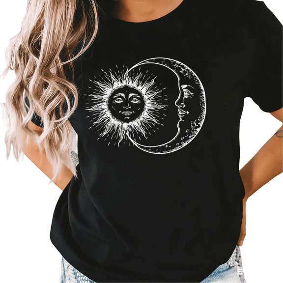 UNISHE Women's Celestial Sun and Moon Mystical Graphic Short Sleeve T-Shirt Casual Cotton Crewneck Top