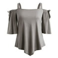 thumbnail image 4 of Olyvenn Women's Trendy Plus Size Ruched Blouses Sales Asymmetric Cold Shoulder Shirts Oversized Loose Casual Tunic Blouse 2023 Fashion Summer Halter Sling Short Sleeve Tees Solid Tops Gray 18, 4 of 7