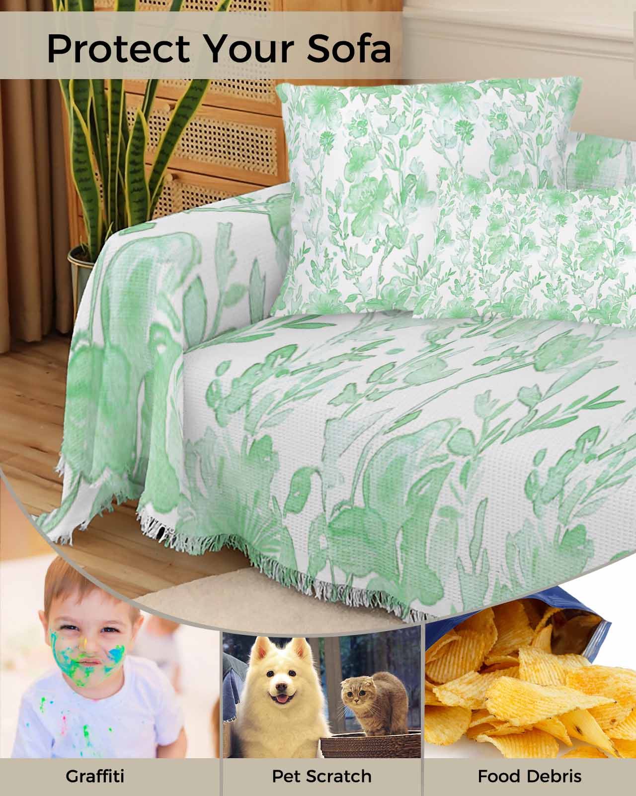 Green Botanical Sofa Couch Covers for Dog,Washable Sectional Couch Slipcoverfor Loveseat with Tassels,Vintage Spring Retro Flower Floral Herb Non Slip Sofa Throw Cover Blanket Large 71''x102''