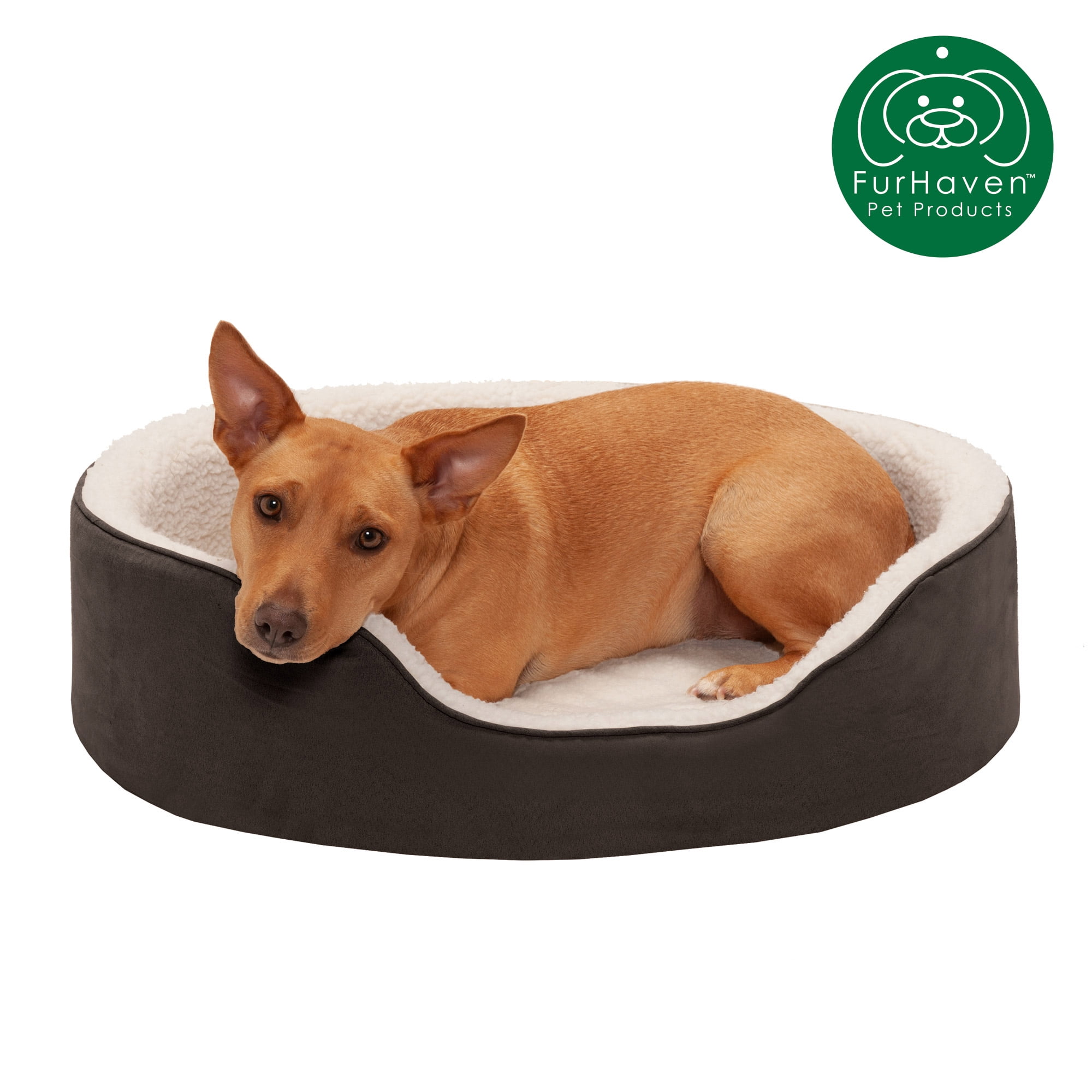 FurHaven Pet Dog Bed Orthopedic Faux Sheepskin & Suede Oval Lounger