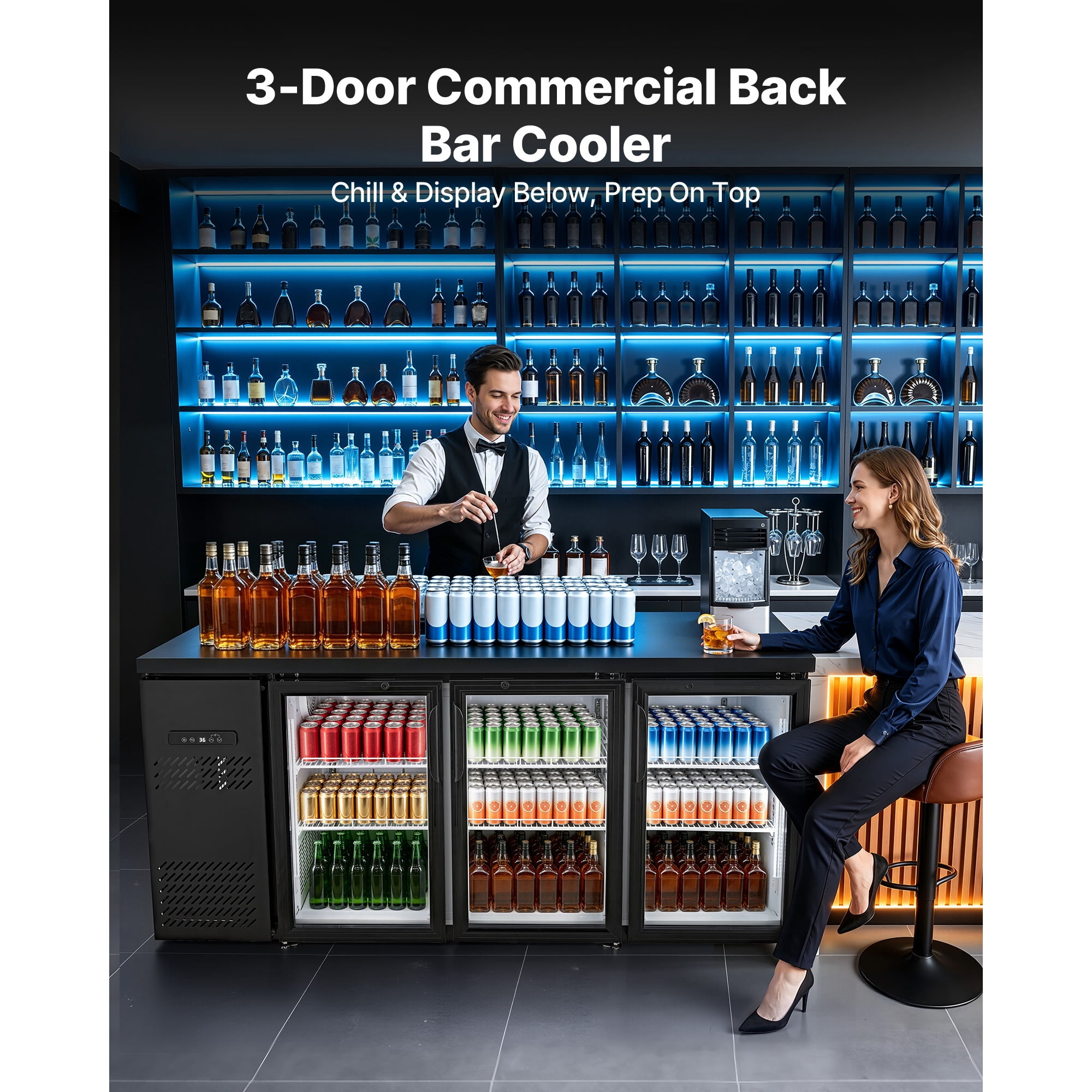 KFFKFF Counter Height Back Bar Cooler, 19.6 Cu. Ft Beverage Refrigerator with 3 Glass Doors, LED Lighting, and Fan Cooling for Commercial Use in Bars, Pubs, and Stores