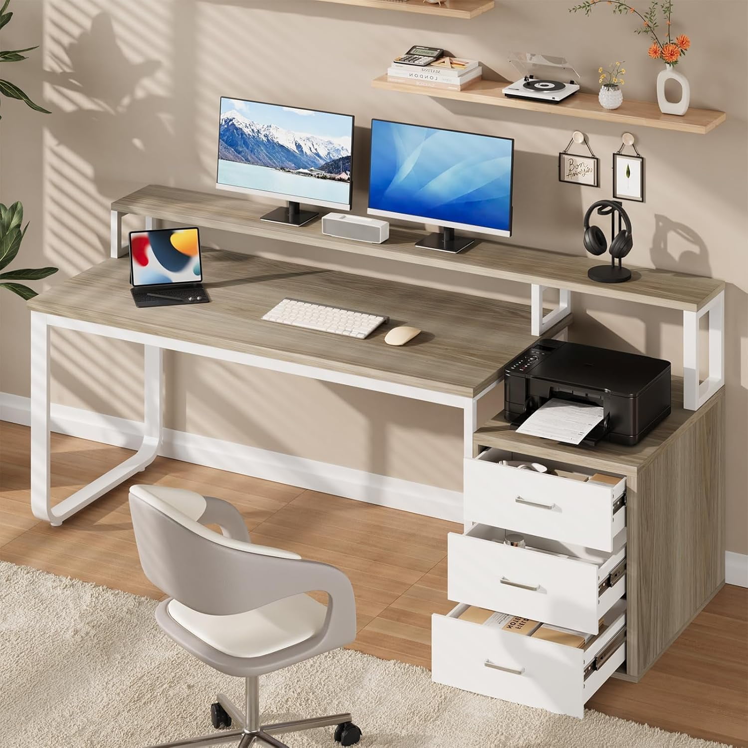 DreamCurship 67 inch Computer Desk with Monitor Stand, Writing Desk with Adjustable LED Light, Reversible Home Office Desk with 3 Storage Drawers, White and Walnut