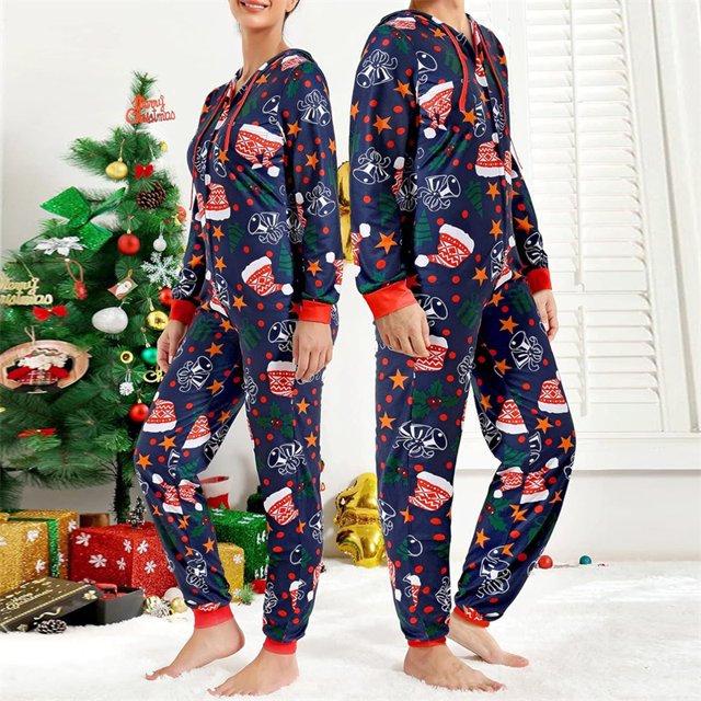 Conjunto de pijama navideño para parejas, bonito estampado, capucha, cremallera, 1 pieza, mono, ropa de estar por casa, ropa de dormir para vacaciones familiares