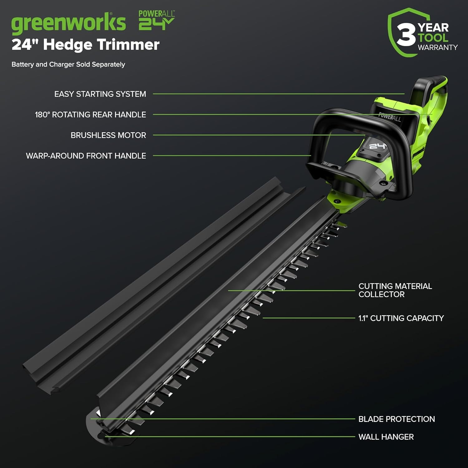 Greenworks 24V 24" (1.1" Cutting Capacity/Rotating Handle) Brushless Hedge Trimmer Cordless, Battery and Charger Not Included