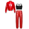 thumbnail image 3 of dPois Kids Girls Shiny Metallic Bomber Jacket Coat Outwear Jazz Hip Hop Dance Crop Top Sports Bra Red 14, 3 of 9
