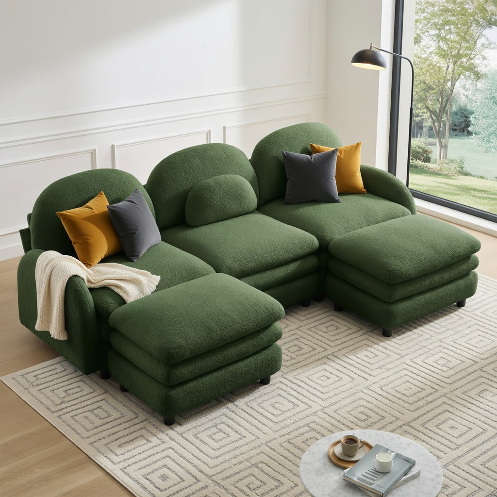Hommoo Teddy Fleece 3-Seat Modular Sectional Sofa with Curved Backrest, Lumbar Pillows & 2 Movable Ottomans, Cloud-Like Comfort, Easy Assembly, Green