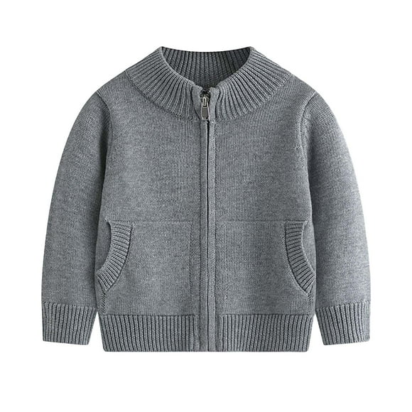 Kids Cardigans Sweater Full Zip Crew Neck Cotton School Uniforms Solid Long Sleeve Knit Sweaters with Pockets (4-5T, Gray)