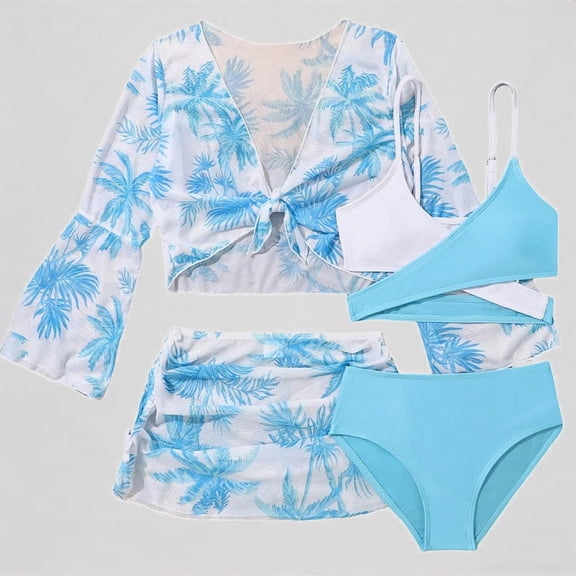 REDARER Girls' 4-Piece Swim Set – Tree Print Sheer Cover-Up Color-Block Bikini & Sarong, Stylish Beach Swimwear,11-12 Years