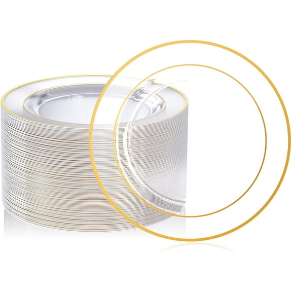 100 Count 10 Inch Clear and Gold Plastic Plates, Disposable Heavy Duty Clear Plates with Gold Rim, Premium Hard Plastic Plate Fancy Disposable Dinner Plate for Wedding Parties