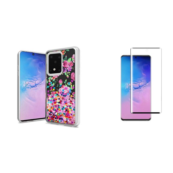 Bemz [Liquid Series] Samsung Galaxy S20, 6.2 inch Phone Case: Chrome TPU Quicksand Waterfall Glitter Cover with Tempered Glass Screen Protector and Atom Wipe - Rose Flowers