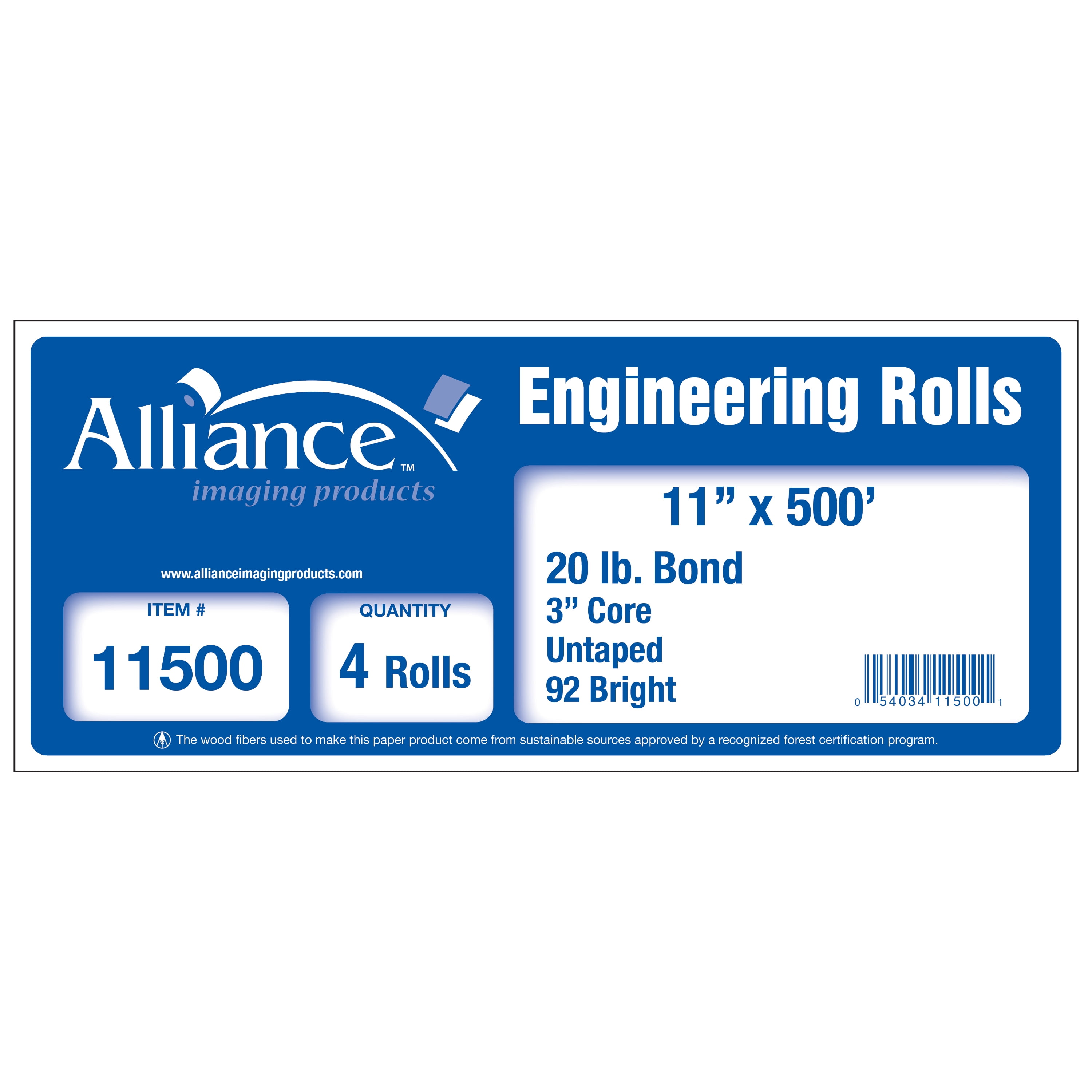 Alliance Wide Format Paper 11" x 500' Bond Engineering 20lb | 92 Bright | 4 Rolls | 3" Core