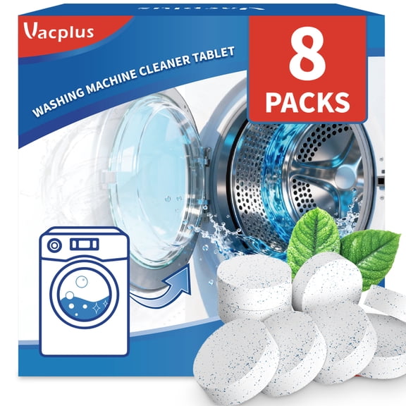 Vacplus Washing Machine Cleaner Tablets, HE Washer Cleaner for Front & Top Loaders, Odor & Residue Remover, 8 Count