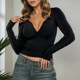 thumbnail image 2 of Bibifish Womens T-Shirts Deep V Neck Half Button Down Casual Slim Fit Knitted Crop Tees Fall Winter Long Sleeve Trendy Ladies Tops, 2 of 6
