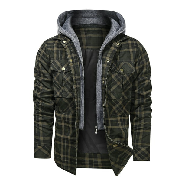 Anyvearon Men's Plaid Flannel Quilted Shirts Jacket with Removable Hood ...