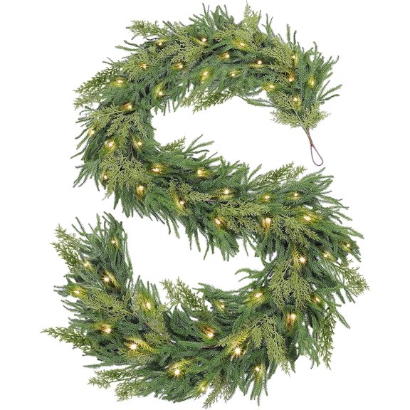 9 Ft Real Touch Norfolk Pine Garland, Prelit Christmas Garland with Lights Timer Pine Cypress Tips, Cedar Garland Artificial Realistic Soft Thickness Greenery Garlands for Mantle Home