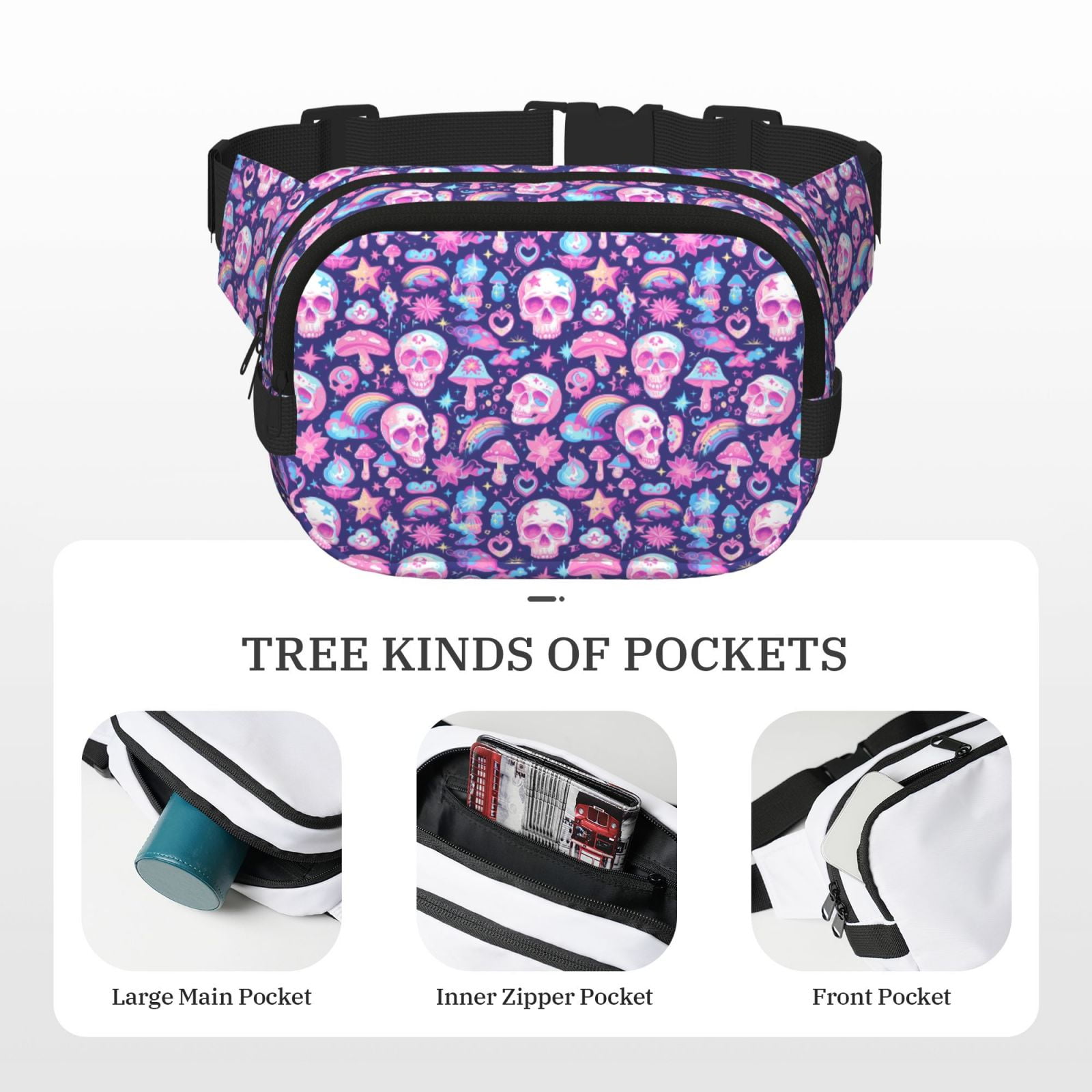 Picia mushroom rainbow color Skull Print Square Double-Layer Waist Bag Mini Adjustable Waist Belt Bag Exercise Running Travel Hiking