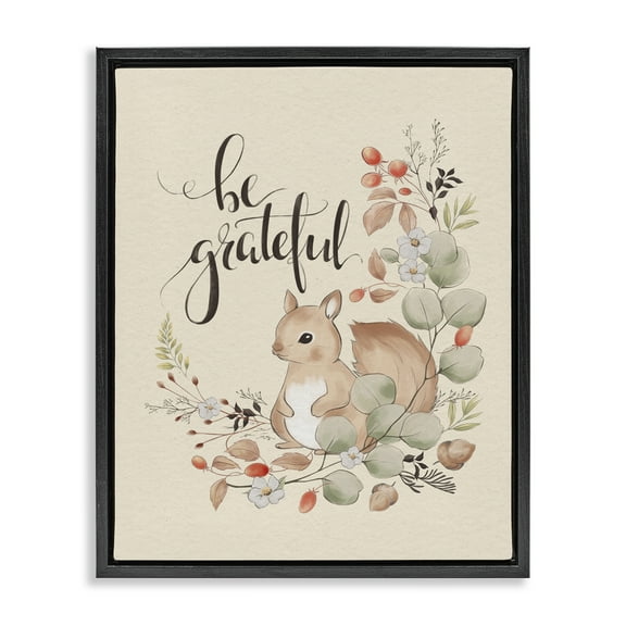 Stupell Industries Be Grateful Squirrel Animals Painting Black Floater Framed Canvas Art Print Wall Art, 17 x 21
