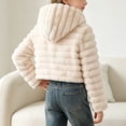 thumbnail image 2 of OGLCCG Girl's Faux Fur Coat Long Sleeve Button Front Fuzzy Hooded Cropped Jacket Fall Winter Fluffy Sherpa Coat(Beige,9-10Years), 2 of 8