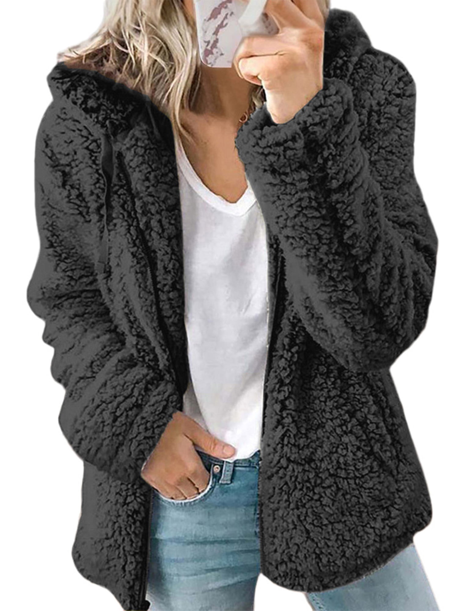 Ulanda Hooded Coat Womens Thicken Fleece Fur Warm Zipper Winter Coat Hoodie Parka Overcoat Jacket Outwear