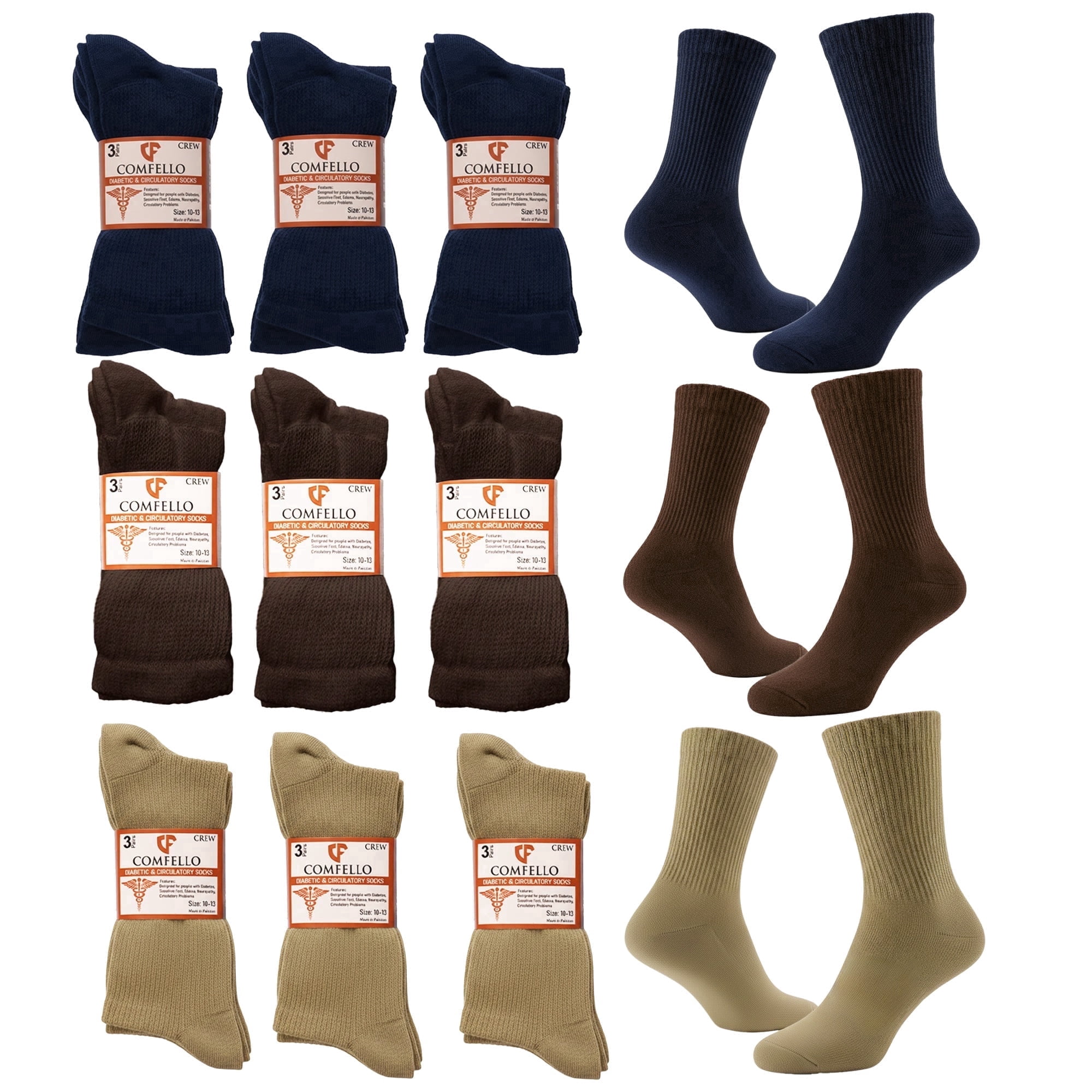 Comfello Diabetic Socks for Men & Women, Non-Binding Crew Socks, Seamless Toe, Assorted Colors (3–18 Pairs)
