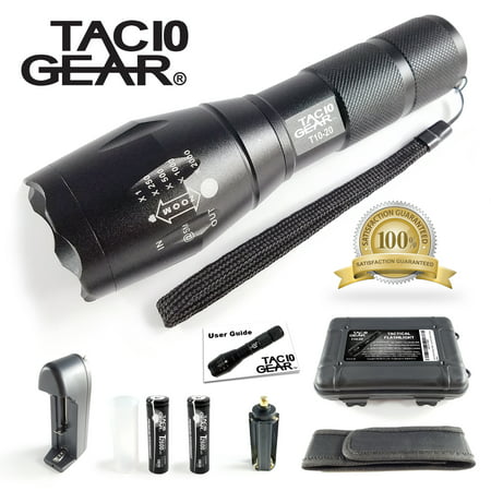 TAC10 GEAR XML-T6 Tactical LED Flashlight 1000 Lumens + Adjustable Zoom Focus + 5 User Modes + Water Resistant + 2 Rechargeable Li-Ion Batteries and Charger + Holster and Storage