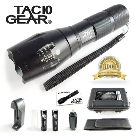 - TAC10 GEAR XML-T6 Tactical LED Flashlight 1000 Lumens + Adjustable Zoom Focus + 5 User Modes + Water Resistant + 2 Rechargeable Li-Ion Batteries and Charger + Holster and Storage Case