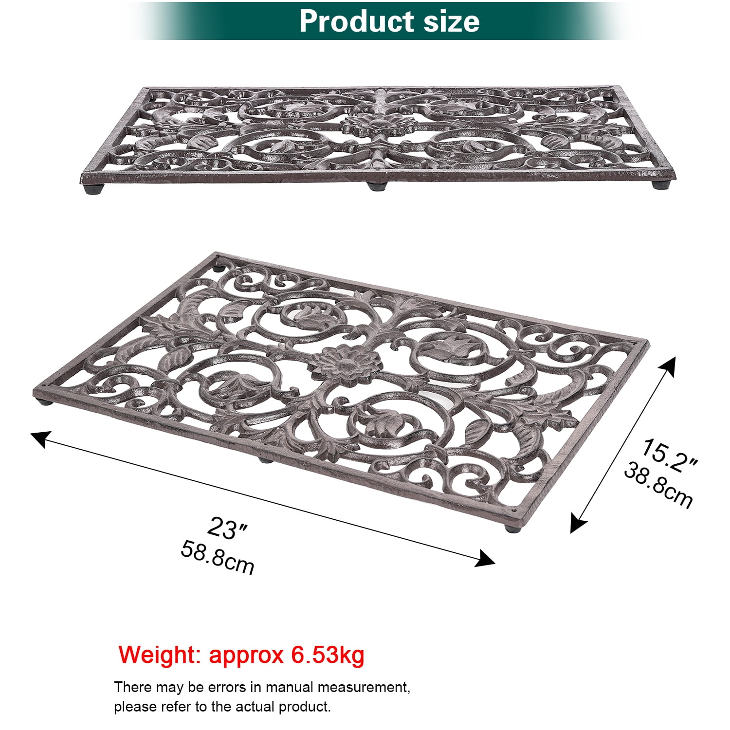 Sungmor Decorative Cast Iron Doormat, Heavy Duty Outdoor Entry Mat with Vintage Scroll Design, Weatherproof Non-Slip Metal Welcome Mat for Front Porch, Patio, Garden Entrance, Rustic Black Finish