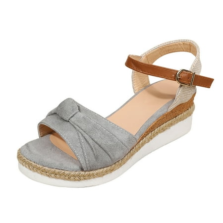 

Platform Sandals Women Color Block Knot Detail Espadrille Ankle Strap Open Toe Roman Shoes Gray 37
